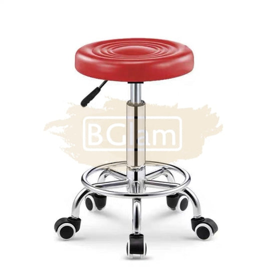 Adjustable Stool On Wheels With Footrest - Round Red