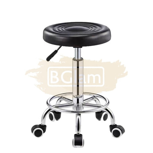 Adjustable Stool On Wheels With Footrest - Round Black