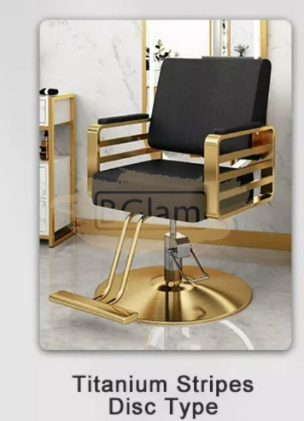 Modern Salon Styling Chair With Hydraulic Lift And Titanium Stripes Handle - Disc Plate Black/Gold