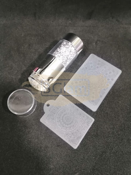 Double Head (Clear & White) Nail Stamper With 2 Stencil Scrapers - Silver White Rhinestones Art Tool