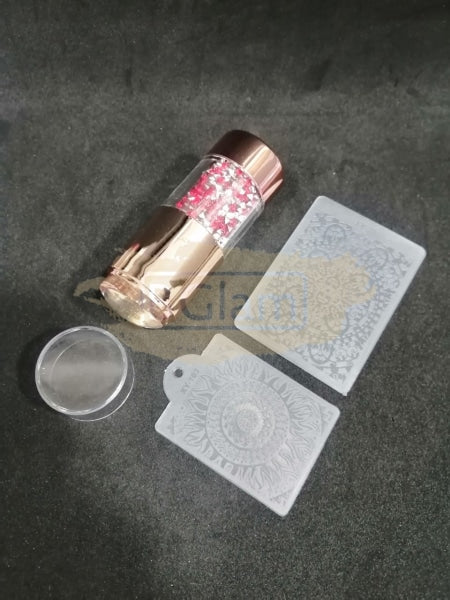 Double Head (Clear & White) Nail Stamper With 2 Stencil Scrapers - Gold Red Rhinestones Art Tool