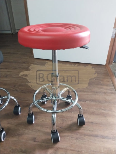 Adjustable Stool On Wheels With Footrest - Round Red